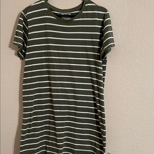 Pact Striped Olive Green & White T-Shirt Dress Granola Outdoors Casual